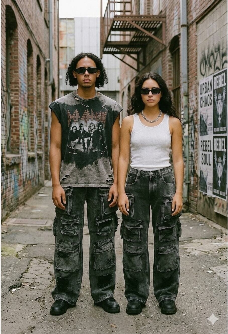 Unisex Fashion Nova Non Stretch Ripped Cargo Utility Jeans. punk goth Sz: 11/35